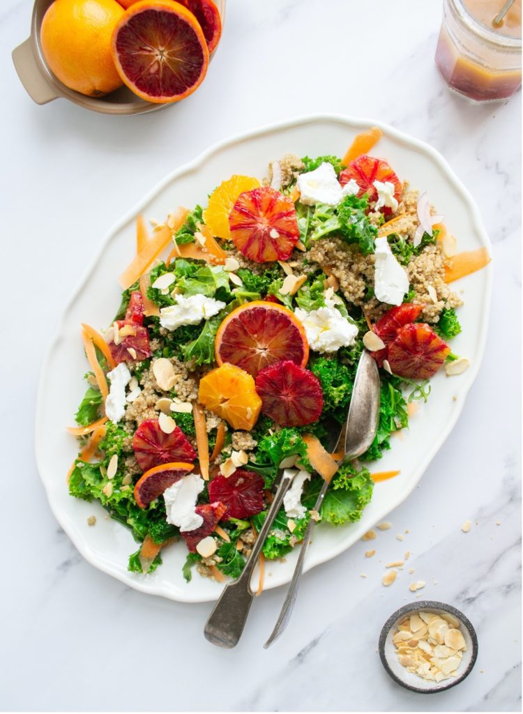 Blood Orange Kale Salad with Goats Cheese & Crunchy Roasted Almonds