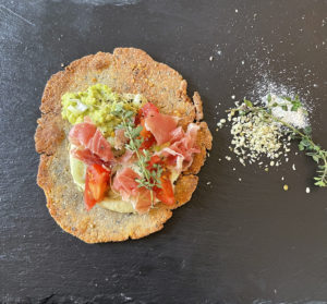 Lima bean hummus with quinoa flatbreads and salsa