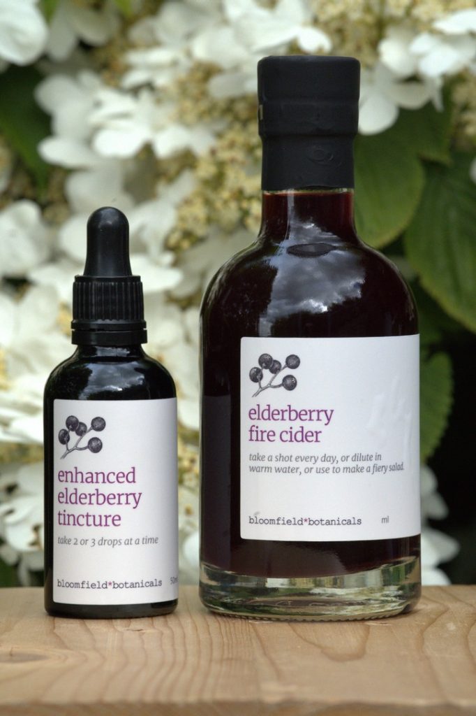 Bloomfield Botanicals elderberry tincture and fire cider tonic bottles